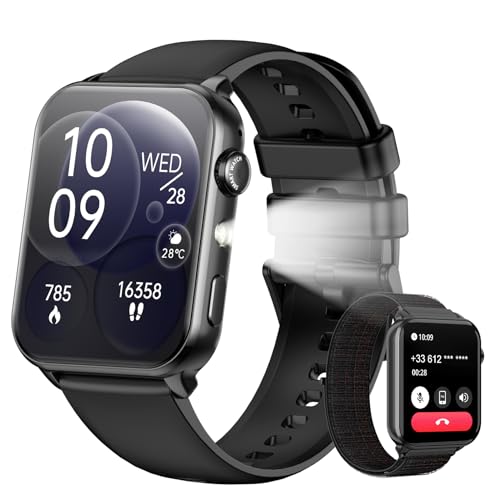 Smartwatch Damen Herren, 1,91HD Touch Fitnessuhr mit Taschenlampe & Bluetooth-Anrufe,100+Sportmodi Fitness Tracker mit Puls-SpO2-Schlaf-monitor,2 Armbändern IP68 Wasserdicht Sportuhr für Android iOS