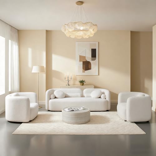 Image of 2026 New White Boucle Sofa Set, 3-Piece Living Room Seating Set - 3 Seater Sofa + 2 Single Chairs, Solid Wood Frame Modern Couches with Pillows