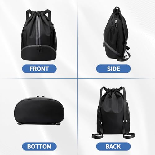 Image of Drawstring Gym Bag for Men, Waterproof Drawstring Backpack for Women, Swim Bag with Shoes Compartment, Pull String Sport Bag for Soccer and Basketball Black.