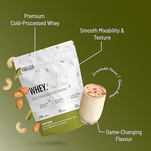 Image of Fuelled Whey Protein Powder Concentrate & Isolate with 24 g Protein, 5 g BCAA (15 Single Serve Sachets x 35 g) Lab Tested (Classic Thandai)