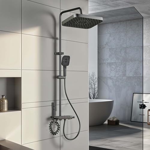 Image of Ruhe Ripple Smart Shower Panel Set, 4-in-1 Multi Flow Functions, Piano Button Shower Panel System, Includes Overhead Shower, 3-Flow Hand Shower and Dual Mode Water Spray Health Faucet