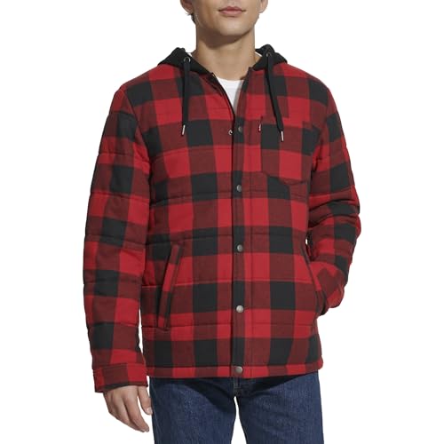 Image of Levi's mens Plaid Sherpa Lined Hooded Shirt Jacket (Regular & Big & Tall Sizes)
