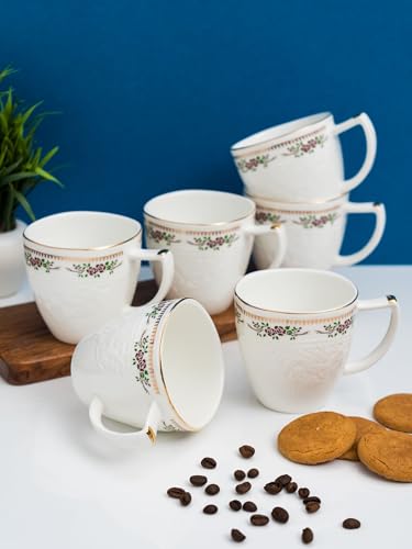 Image of Clay Craft Fine Ceramic Satin Impression Gold Printed Tea /Coffee Set of 6-200 ml Each (1408), Tea Cup Set of 6, Mugs for Coffee, Cups Set of 6, Mug Set, Ideal for Gifting, Perfect for Home and Office