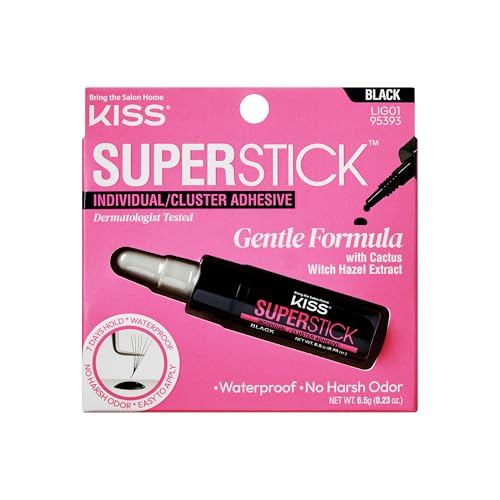 Kiss SuperStick Individual Lash Cluster Adhesive Gentle Formula 7 Day Hold Cactus & Witch Hazel Extract Dermatologist Tested Waterproof Lash Glue No Harsh Odor Net Wt. 6.5g (0.23 oz.) Black