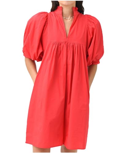 Image of YEXPINE Women's Ruffle Collar High Neck Mini Dress Puff Short Sleeve Cotton Babydoll Peplum Dresses with Pockets