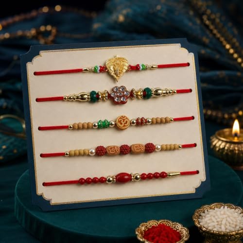 Image of DeoDap Rakhi with Chocolate for Brother - Mix Design Stylish Multicolor Rakhi 5 Pcs with Almond Chocolate 96gms, Greeting Card, Silver Color Pooja Coin & Tilak Set - Traditional Raksha Bandhan Festive Combo Pack