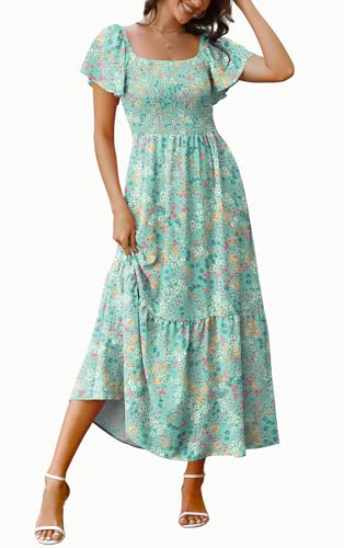 Image of OFEEFAN Summer Dresses for Women Square Neck Ruffle Sleeve Smocked Maxi Dress with Pockets