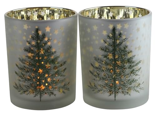 Christmas Tree Candle Holders - Frosted Glass Tealight Votive Holder - Set of 2