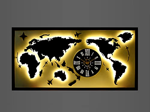 Image of METSYMetal Laser Cut(World Map with analogue clock) Wall Hanging world map attached analogue clock with LED Strip Lighting(Bomb White Shade)(4x2) feet, Gorgeous lookings