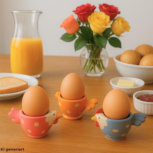 3er Set Eierbecher Hühner, Eihalter, Eideko, Frühstücks - Eierbecher, Huhn - Eierbecher,Eierbecherset, Eihalter 3 - teilig aus Steingut in gelb/rosa/grau L/B/H 7 x 3 x 8 cm Lieferumfang 3 Stück. – Bild 6