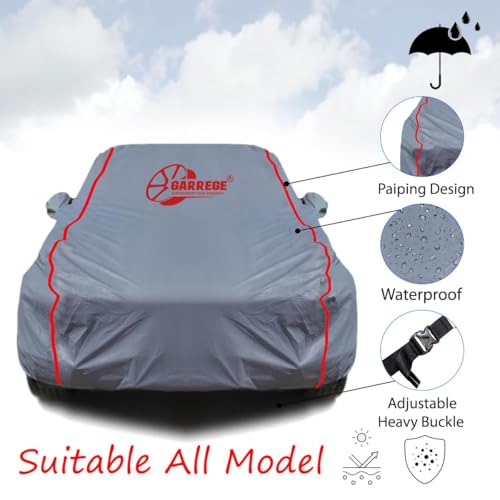 Image of Waterproof Car Body Cover Compatible with Xuv 3Xo Mx2 Diesel Mirror and Antenna Pocket, Triple Stitched (Heat Resistant US Grey with Red Piping)