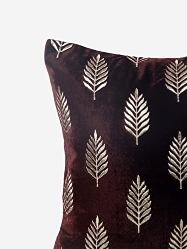 Image of Decoghar Brown Handmade Sofa Cushion Covers | Golden Zari Leaf Embroidered Square Throw Pillow Cushion Cover | | 16 X 16 Inch | Pack of 3