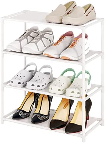 Vockot Small Shoe Rack 6-8 Pairs Sturdy Shoe Shelf 4-Tiers Narrow Stackable Shoe Organizer,Lightweight Kids Shoe Racks for Entryway, Doorway and Closet（White）