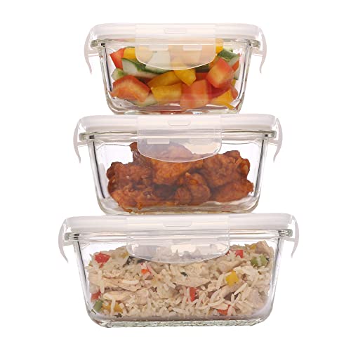 Femora Borosilicate Square Glass Food Storage Containers with Air Vent Lids- Set of 3-300ml, 500ml, 800ml (9Oz, 15Oz, 24Oz)