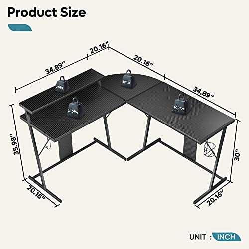 Bestier 55 Inch Gaming Desk With Led Lights L Shaped Corner Gamer Desk With Long Monitor Shelf Cup Holder Headset Hook Home Office Desk, Carbon Fiber Black #TOP1