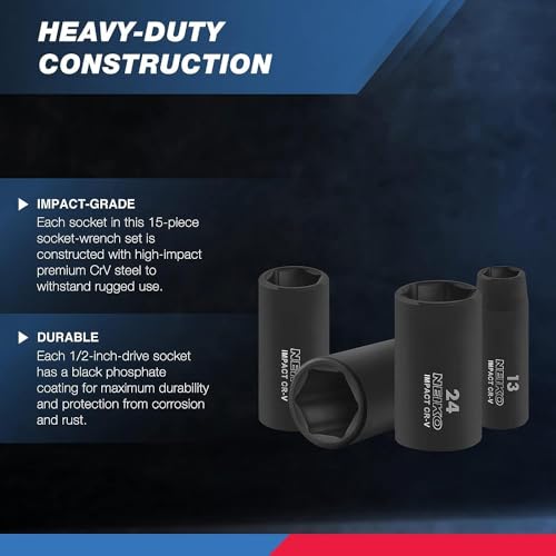 Image of NEIKO 02474A 1 /2 inch Impact Socket Set, 15 Piece Metric Socket Set 10-24 mm, Deep Sockets, 6 Point, 1 /2 inch Drive Sockets for 1 /2 inch Impact Wrench, Chrome Vanadium Cr-V