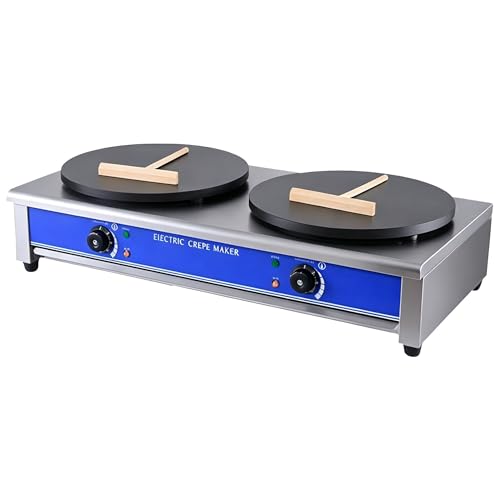 Crepa Maker Machine, Máquina para Crepes Comercial de Placa Plana de 2800 W,con cuchara de madera, sartén eléctrica para crepes para cocinas, restaurantes, cantinas, temperatura 50-300 ℃ DoubleHead