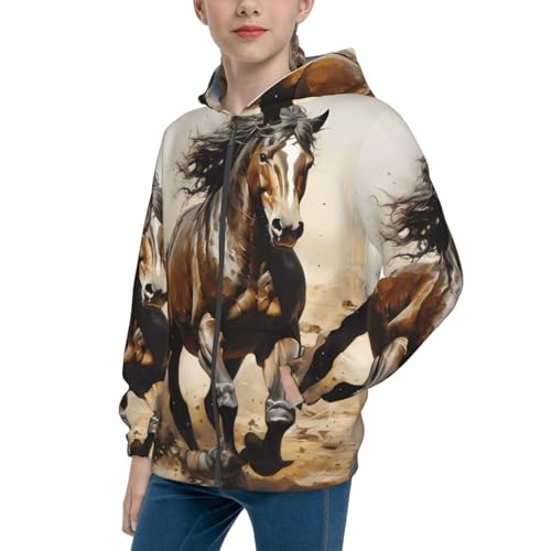 Western Horse Print Girls Athletic Zip Up Hoodies,Sweatshirts with Pockets Long Sleeve Hooded Jackets, for 7-18 Y