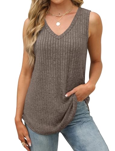 Image of Saloogoe Tank Tops for Women 2025 V Neck Summer Sweaters Vest Lightweight Curved Hem Spring Beach Fashion