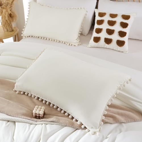 YIRDDEO King Size Comforter Set in Ivory, 3pcs Boho Ball Pom Lightweight Bed Comforter, Soft Solid Color Bedding Comforter Sets for All Seasons (Ivory, King, 104"x90")