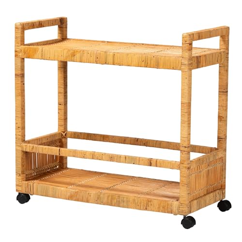 Bali & pari Genet Modern Bohemian Natural Rattan and Teak Wood 2-Tier Kitchen Cart