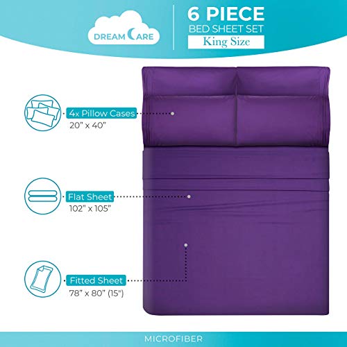 Image of DREAMCARE King Size Sheets Set - 6 pcs Breathable Cooling Sheets King Size | up to 15 inch Extra Deep Pocket King Sheet Set with Side Pockets - Extra Soft 100% Double Brushed Hotel Luxury Bedding - Purple