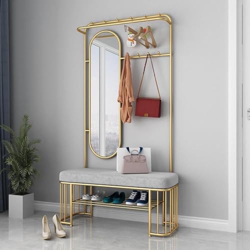 Perchero industrial con banco y espejo, árbol de pasillo con ganchos extraíbles y soporte para zapatos, estante de almacenamiento para entrada para sala de estar y pasillo
