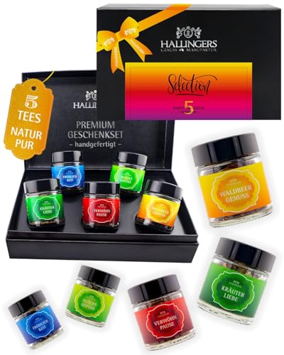 Hallingers Genuss Manufaktur Tee Geschenkset – 5 Sorten Premium loser Tee im Glas in edler Geschenkbox, veganes Tee Set Selection Probierset, Geschenkidee für Frauen & Männer, auch zu Weihnachten