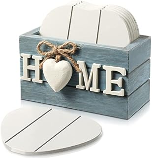 Coasters For Drinks, Wooden Heart Coasters Set Of 6 Farmhouse Coasters With Holder Funny Coasters for Coffee Table Protection Housewarming Gifts For New Home Decoration, 4 Inch (Home Blue Style)