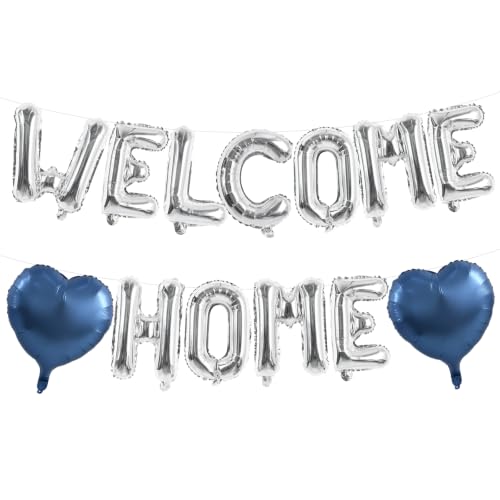 Image of TONIFUL 16 Inch Silver WELCOME HOME Foil Letter Balloons with 2pcs Dusty Blue Heart Balloons for New Home Housewarming, Military Homecoming, Retirement, Welcome Back Party Decorations