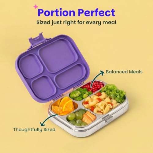 Image of Basil Bento Box Quad - 4 Compartment Stainless Steel Lunch Box with BPA-Free Plastic Lid | 800 ml Leak-Proof Tiffin Box for Kids & Adults | Premium School, Office, and Picnic Lunch Box - Purple Pop