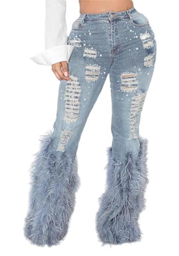 Tbahhir Women's Skinny Ripped Jeans Pearl Distressed Stretchy High Waisted Tassels Slim Fit Denim Pants Y2K Streetwear