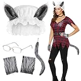 Haysandy 4 Pcs Wolf Granny Costume Set Big Wolf Hat Tail Claws Gloves Granny Glasses for Adult Werewolf Cosplay