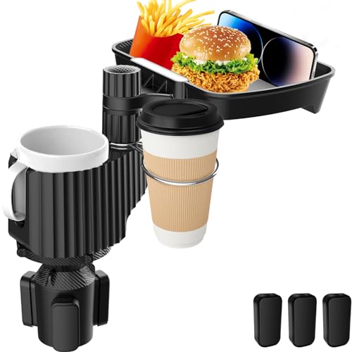 SUYUDSM Car Cup Holder Tray, 5 in 1 Cup Holder Expander 360° Rotating Car Food Tray, Dual Car Seat Cup Holders with Phone Slot Seat Road Trip Essentials