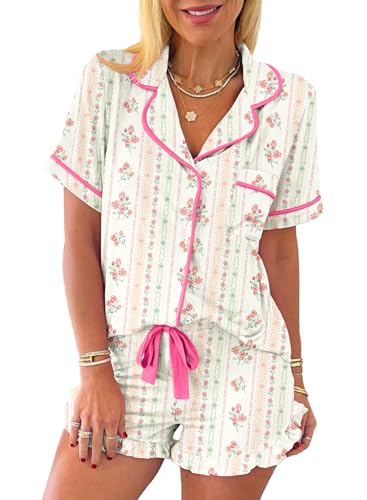 Image of KevaMolly Women Novelty Knotted Candy Cane Christmas Pajama Set | Christmas Floral Bow Print PJ Set, Button Lapel Knotted Drawstring Shorts with Convenient Side Pockets