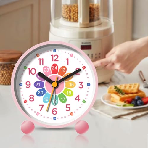 YeahBoom Wecker Kinder,Lautloser Lernwecker,Kinderwecker für Schulanfänger,Wecker Analog Ohne Ticken Kinderwecker,Schulanfänge Batteriebetriebene Weckuh,Nachtlicht Mädchen Jungen