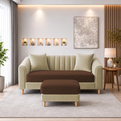 Image of Doraldo 2 Seater Sofa Set with Ottoman for Living Room (Cream Brown) Premium Fabric Sofa
