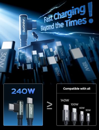 Image of AINOPE 240W USB C to USB C Cable Fast Charging 6FT,Right Angle Fast Type C Charging Cable Fits iPhone 16 Pro Max Plus,iPhone 15,MacBook Air /Pro,iPad Pro,Samsung,Pixel,All Devices, Grey,Blue 2Pack
