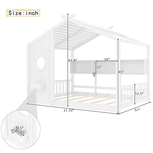 Image of Full Size Floor House Bed with Roof and Window for Kids, Wooden Playhouse Bed with Storage Shelves for Bedroom Furniture Girls & Boys (White /L1, Full)