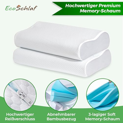 EcoSchlaf® Orthopädisches Kissen Premium Nackenstützkissen – Zertifiziert – Seitenschläferkissen Nackenkissen aus Soft Memory Foam – Ergonomisches Kopfkissen Nackenschmerzen Antischnarchkissen (Weiß)
