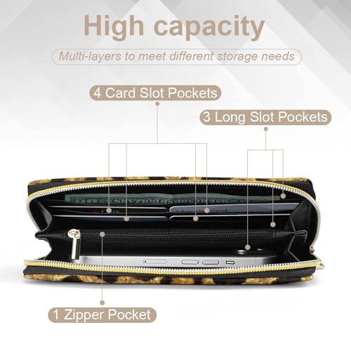 Women's Cute Decor Wallet, Long PU Zipper Wallet, Travel Purse Fashion Design, Huge Storage Capacity Purse Black Gold Glitter Wild Chic Animal Cheetah Leopard Ptint4