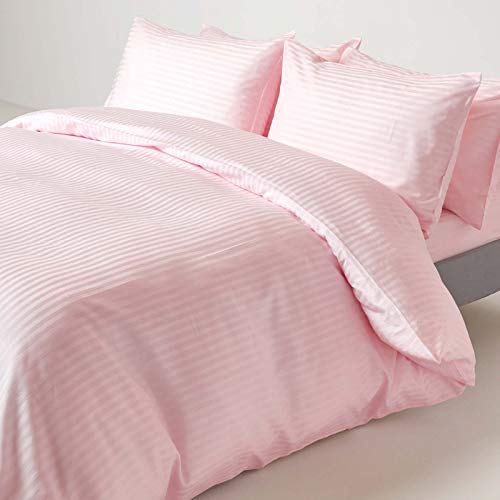 HOMESCAPES Pink Pure Egyptian Cotton Duvet Cover Set King 330 TC 500 Thread Count Equivalent Satin Stripe Quilt Cover 2 Pillowcases Included Bedding Set