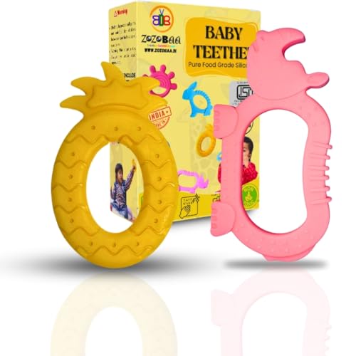 Image of Cute Shape Soft Silicone Teether for Baby Gums, Teething Toys for Babies, BPA Free, Pain-Relief, Non-Toxic, 100% Food Grade, Soothing, Easy to Grasp Chewable - Rhino+Pineapple (Pack of 2)