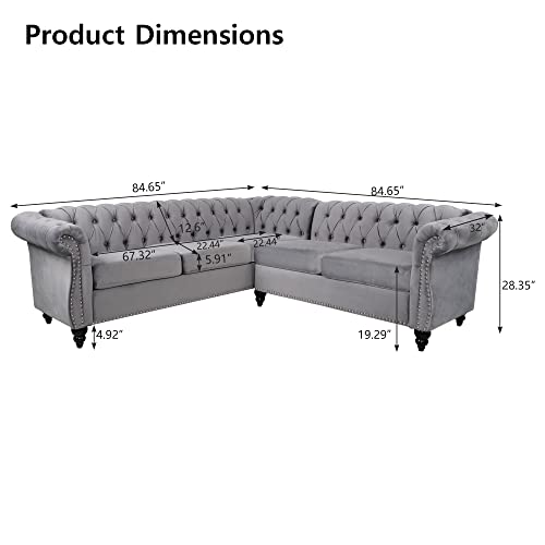 Image of QHITTY L-Shaped Sofa, Sectional Chesterfield Couch 5-Seater Velvet Upholstered Small Accent Tufted Sofa with Rolled Armrest and Nailhead Design for Living Room, Apartment, Office (Grey)