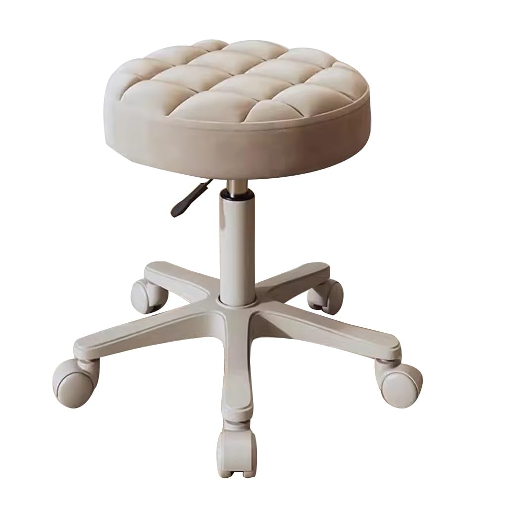 OZBMA Adjustable Barber Chair with Wheels - Swivel Makeup for Bedroom, Living Room & Vanity Stools Comfortable Backrest Desk Use (Khaki)