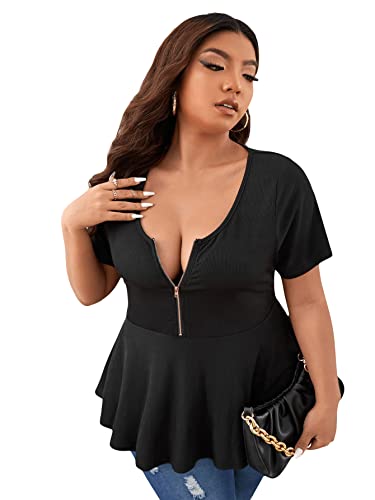 Soly Hux Plus Size Women Sexy Half Zip Up Low Cut Short Sleeve Ruffle Babydoll Peplum Tops Black 3Xl #TOP3