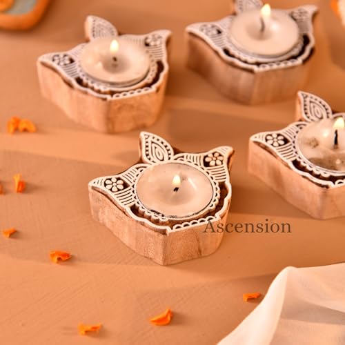 Image of Ascension Pack of 4 Wooden Diya Shaped Tea Light Candle Holder Handmade Wooden Block Print Tealight Candle Stand Decorative Items for Puja Gifting Indoor Outdoor Diwali Decoration Home & Office Decor