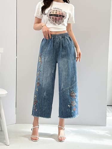 Womens Capri Pants Summer Wide Leg High Waisted Pants Casual Trousers with Pockets Embroidered Jeans Blue3