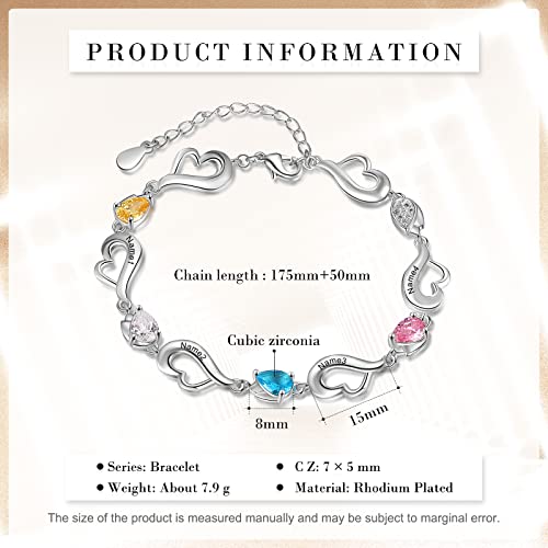 JewelOra Personalized Simulated Birthstones Bracelet for Women, Custom Heart Link Bracelet Engraved 1-6 Name Link Chain Charm Bracelet Adjustable Chain Gift for Birthday Valentines Day(4 Name) - Thumbnail 3