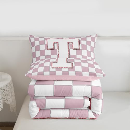 Image of Erosebridal Pink Initial T Comforter Set King Kawaii Plaid Checkered Bedding Set Cute Personalized Monogram Comforter for Kids Girls Teen Women,Fashion Grids Gingham Quilt Duvet